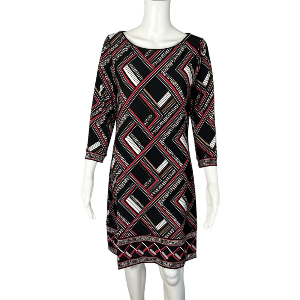 WHBM black pink white tan geometric Diamond mixed print 3/4 sleeve dress size M